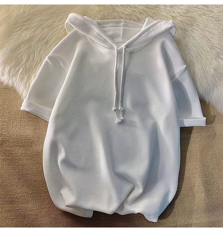 连帽短袖T恤男简约百搭卫衣夏季chic港味oversize衣服ins半袖上衣