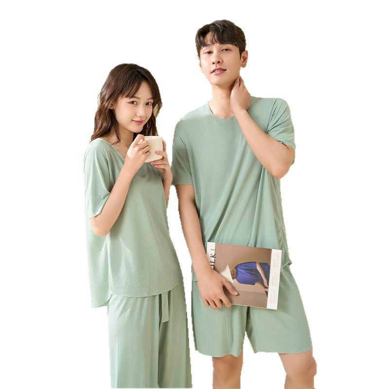 凉感冰丝睡衣情侣春夏天薄款短袖大码休闲无痕纯色家居服套装批发