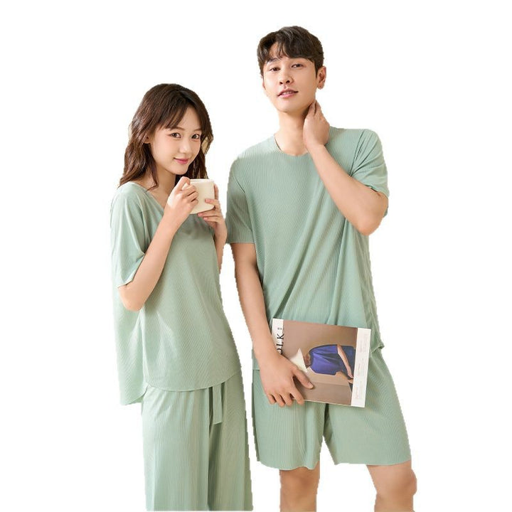 凉感冰丝睡衣情侣春夏天薄款短袖大码休闲无痕纯色家居服套装批发