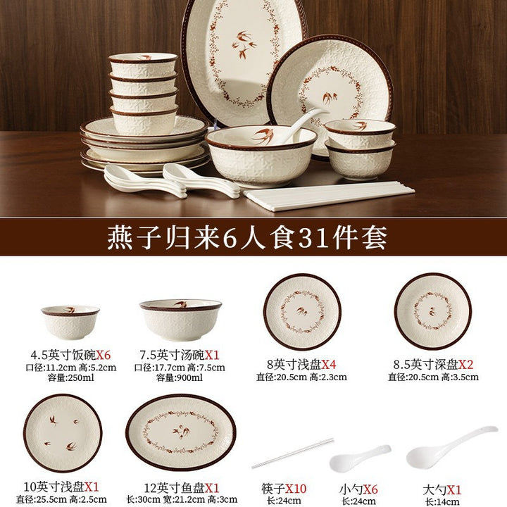 Bowl & Plate Tableware Set Embossed Plate Underglaze Ceramic Bowl Plate Home Bowl & Plate Small Bowl