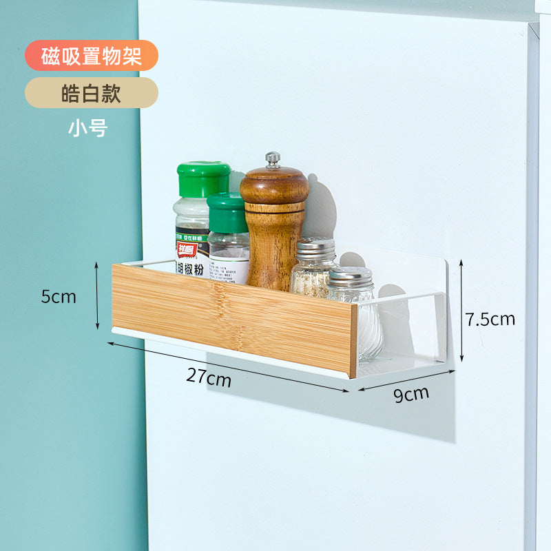 跨境厨房壁挂式竹木置物架磁吸式冰箱架侧挂收纳架免打孔调料架盒