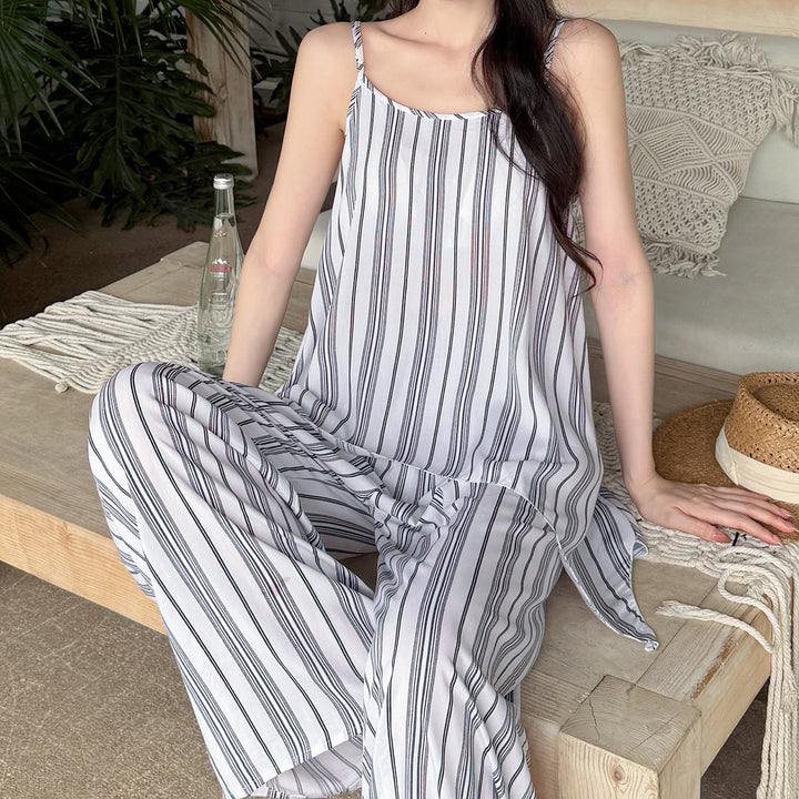 夏季女士棉绸吊带睡衣套装无袖印花防凸点家居服带胸垫绵绸两件套