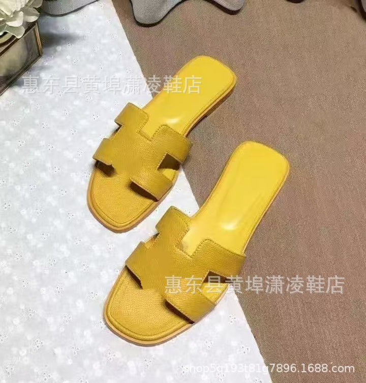 跨境外贸经典H拖鞋羊皮平底女拖鞋沙滩一字拖鞋女士凉拖鞋