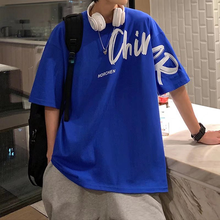 潮牌港风短袖t恤男夏季新款五分袖ins潮流宽松打底衫情侣百搭上衣