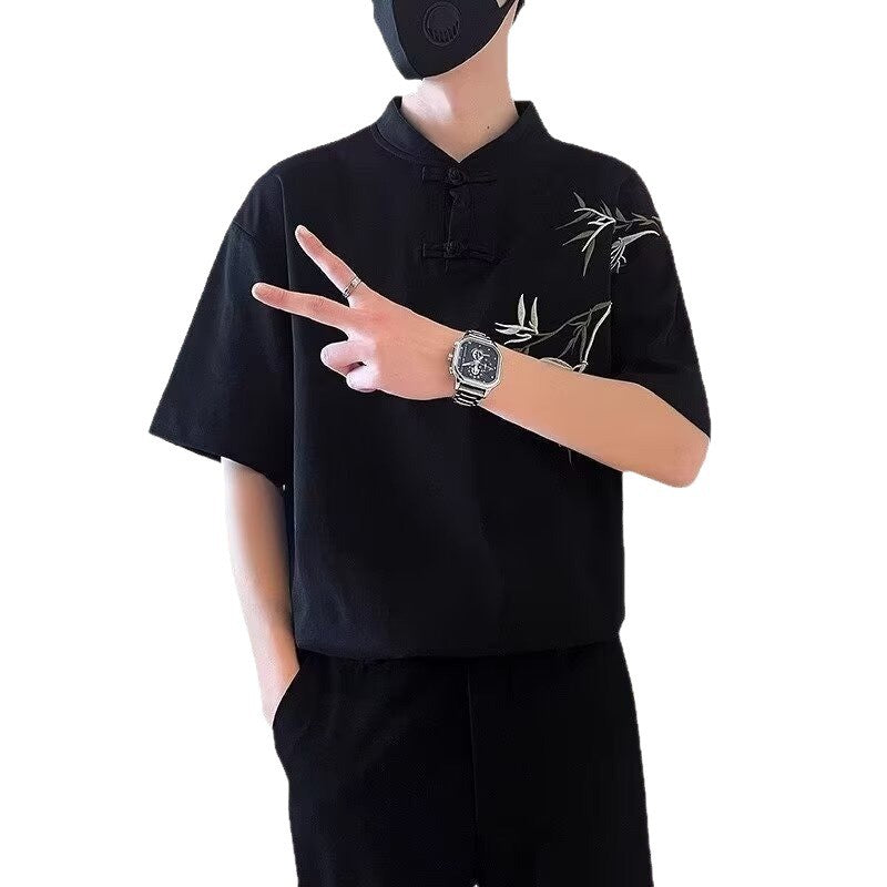 Summer New Chinese Style Button Short Sleeve T Men's Shirt with Unique Embroidery Bamboo Design Retro Cool National Style Half Sleeve t T-shirt