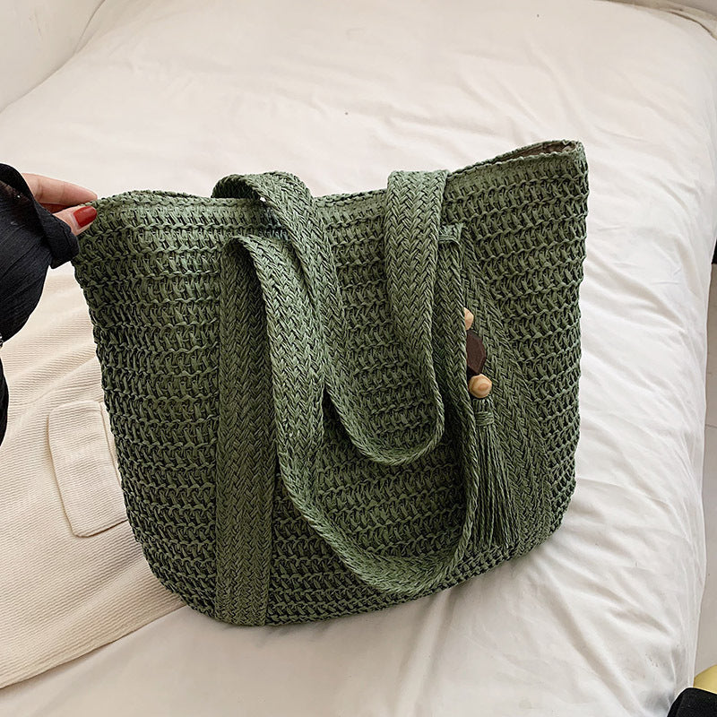Cross-Border Hot-Selling Women's Bag Simple Large Capacity Lightweight Woven Bucket Beach Bag Trendy Straw New Handheld Shoulder Bag