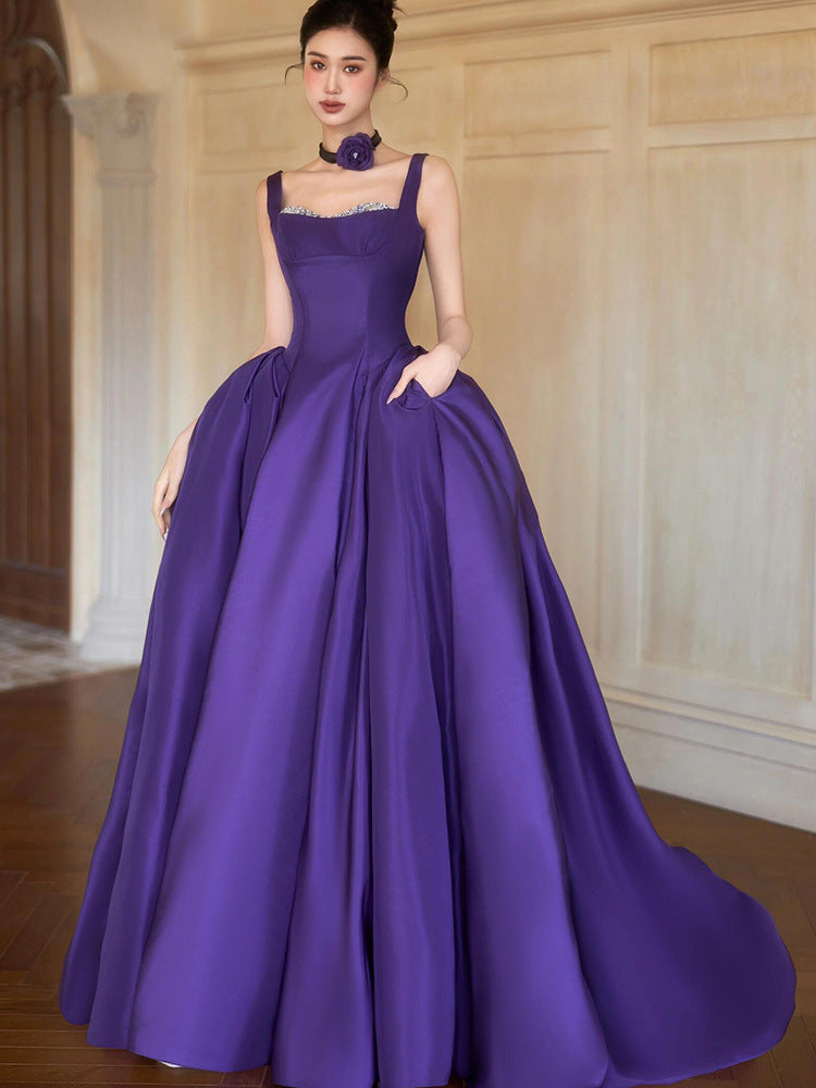 Purple suspender elegant evening dress for birthday party and coming-of-age ceremony2025New Sleeveless Long Dress Satin Elegant Gown