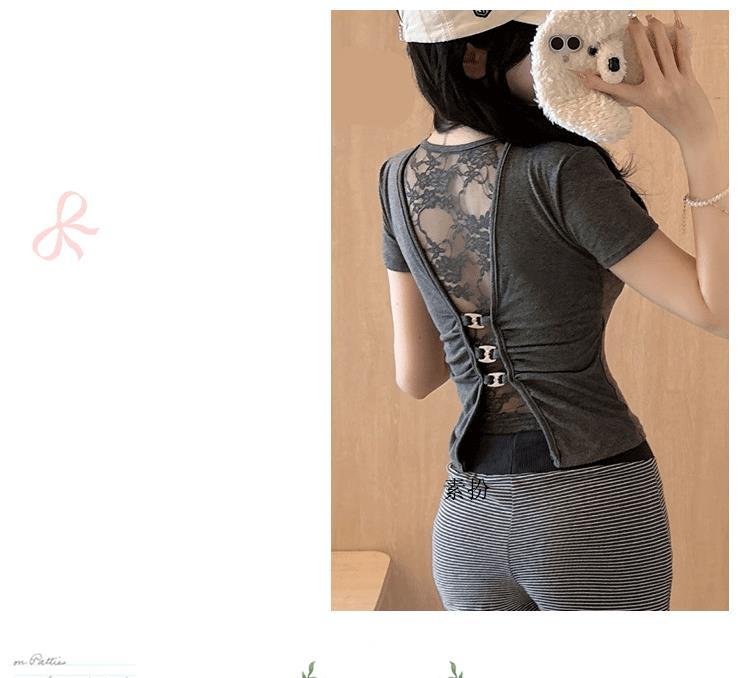 White u Pure Desire Slim Fit Tight Shoulder Short Sleeve t Women's Summer Shirt with Chest Pads Lace Hollow Out Hot Girl Short Top Black