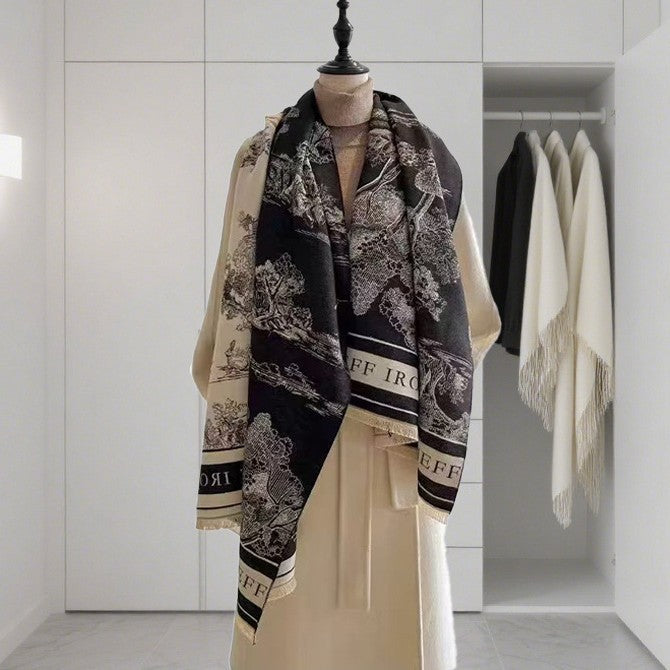 Light Luxury Style Imitation Cashmere Jacquard Shawl for Women Winter Warm Double-Sided Printed Landscape Scarf Outerwear Layering Neck Warmer