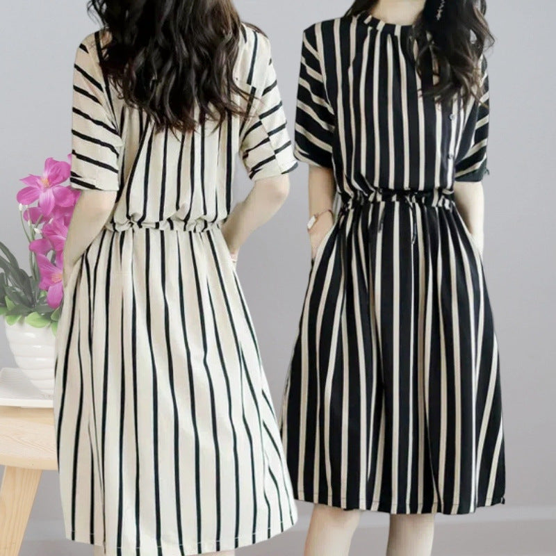 Beautiful Striped Dress2025Korean Style Lace-Up Waist-Cinching Loose Skirt Summer Mid-Length Plus Size Women's Clothing Wholesale