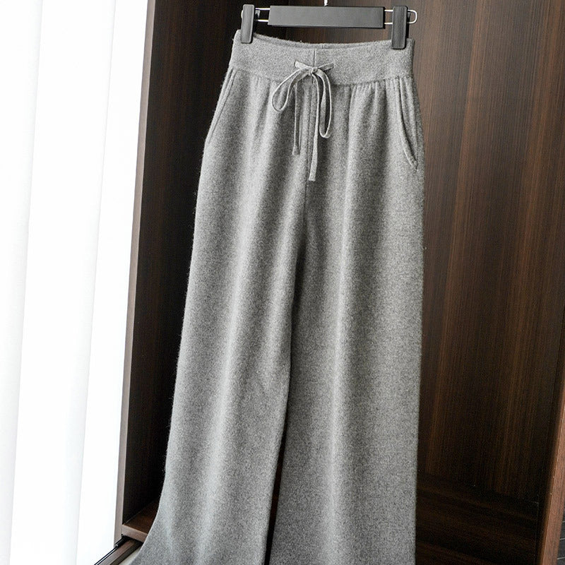 Autumn Winter Thickened Knitted Full Wool Wide-Leg Pants for Women Casual Cashmere High-Waist Draped Loose Straight-Leg Floor-Length Pants