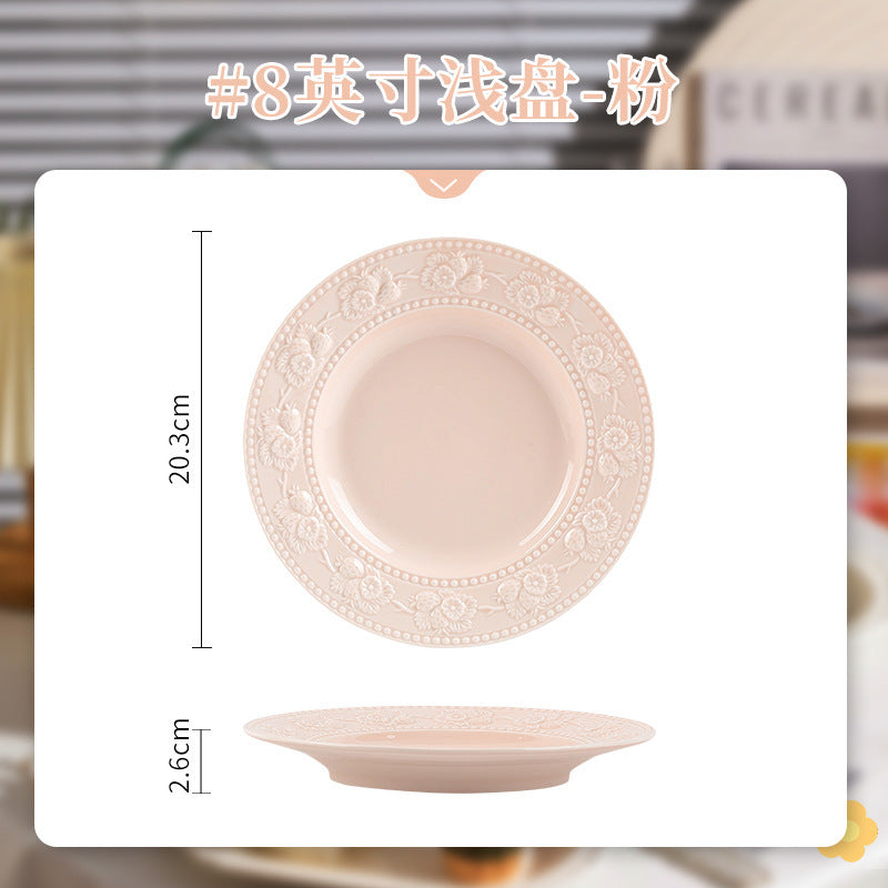 French Style Tableware Bowl and Plate Set for Home Use, High Aesthetic Value for Girls, Cute Ceramic Bowl Set, New Embossed Tableware