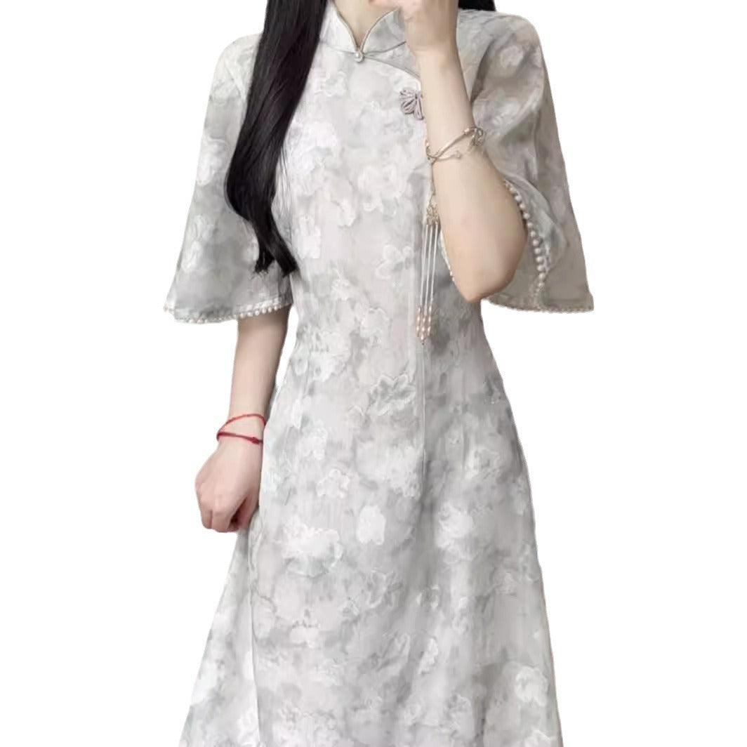Matcha2024New Summer Style Fresh Elegant Improved Cheongsam Long Daily Youth Dress