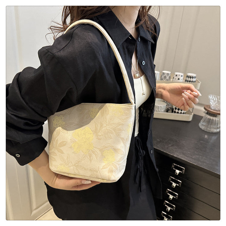 Lady's New Chinese Style Starlight Dream Tote Bag Black Shoulder Bag Embroidered Flower Vintage Handbag