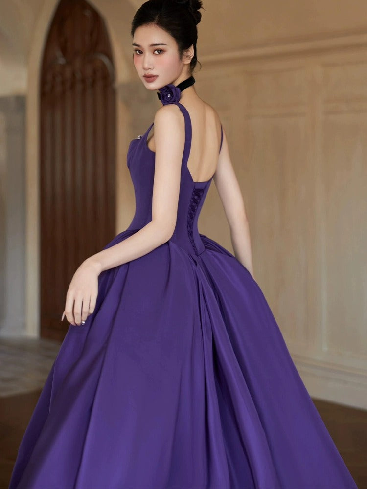 Purple suspender elegant evening dress for birthday party and coming-of-age ceremony2025New Sleeveless Long Dress Satin Elegant Gown
