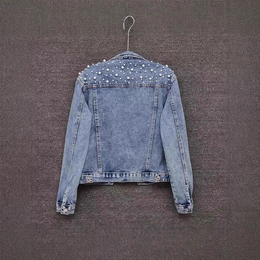 Amazon Cross-Border Southeast Asia Heavy Fashion Beaded Short Denim Jacket for Women Pearl Plus Size Jacket ns Top