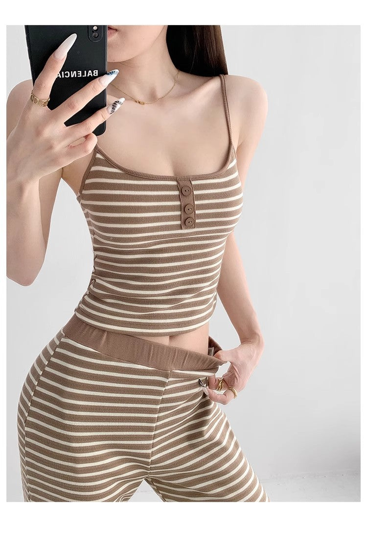 Home Lazy Relaxed Striped Slimming Wide-Leg Pants for Women Summer Hot Girl Fashion Camisole Vest Casual Two-Piece Set