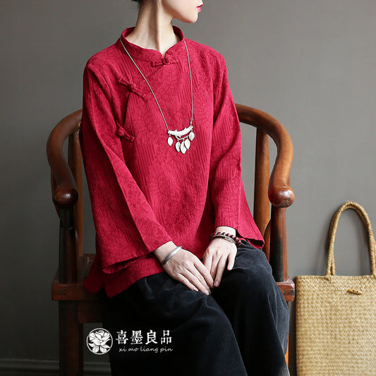 8813Xi Mo Women's Clothing Republic of China Retro Artistic Spring and Autumn New Double Layer Jacquard Button Shirt Chinese Style Short Top