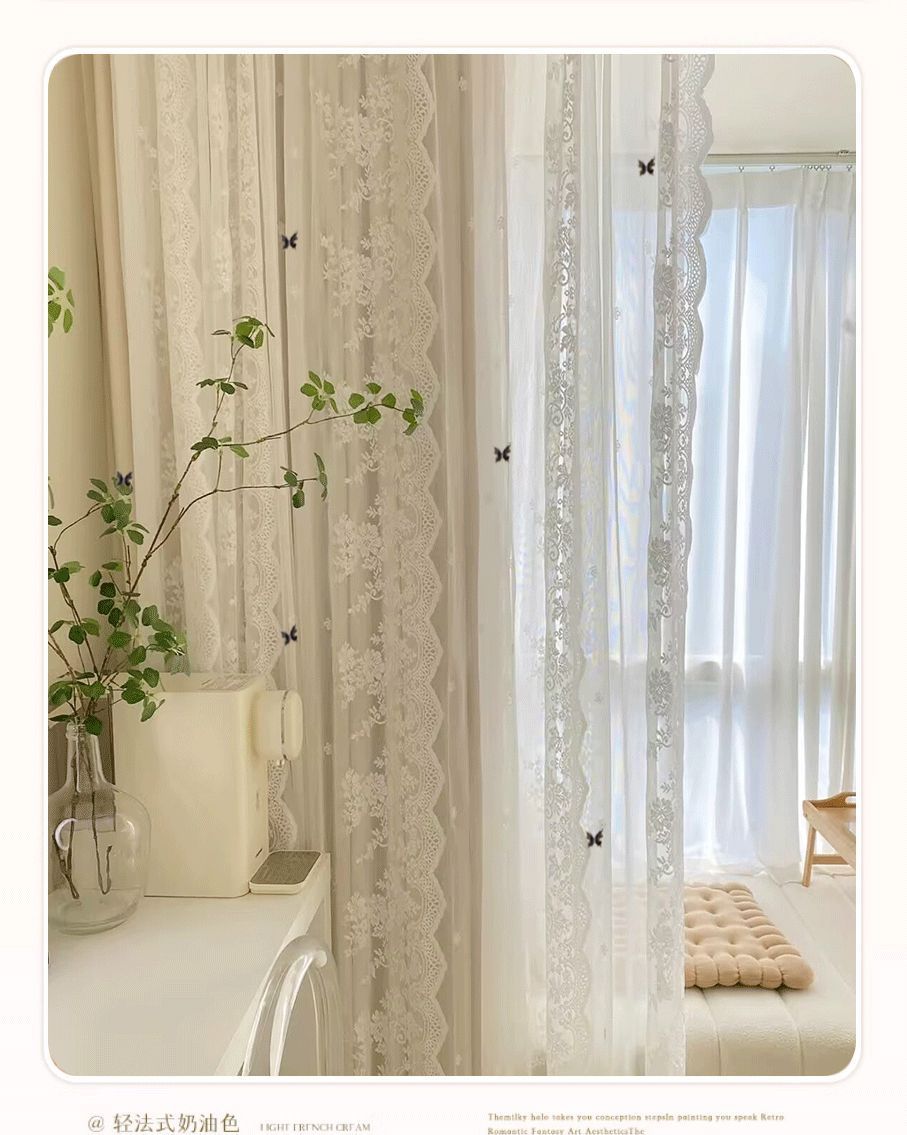 New Cream Style Curtains Cozy Bedroom Blackout Lace Double Layer Fabric Sheer Integrated Bay Window Floor-to-Ceiling Thickened High-End