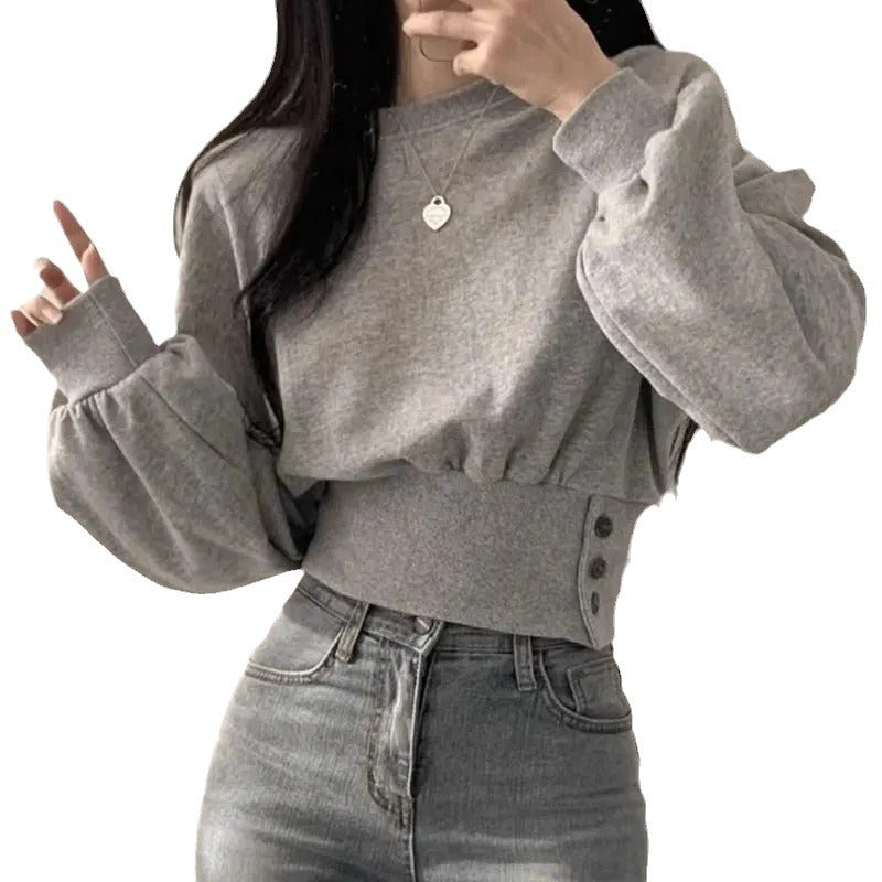 Polyester Fish Scale    Korean Autumn Niche Design Round Neck Button Long Sleeve Short Pullover Sweatshirt for Women