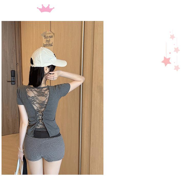White u Pure Desire Slim Fit Tight Shoulder Short Sleeve t Women's Summer Shirt with Chest Pads Lace Hollow Out Hot Girl Short Top Black