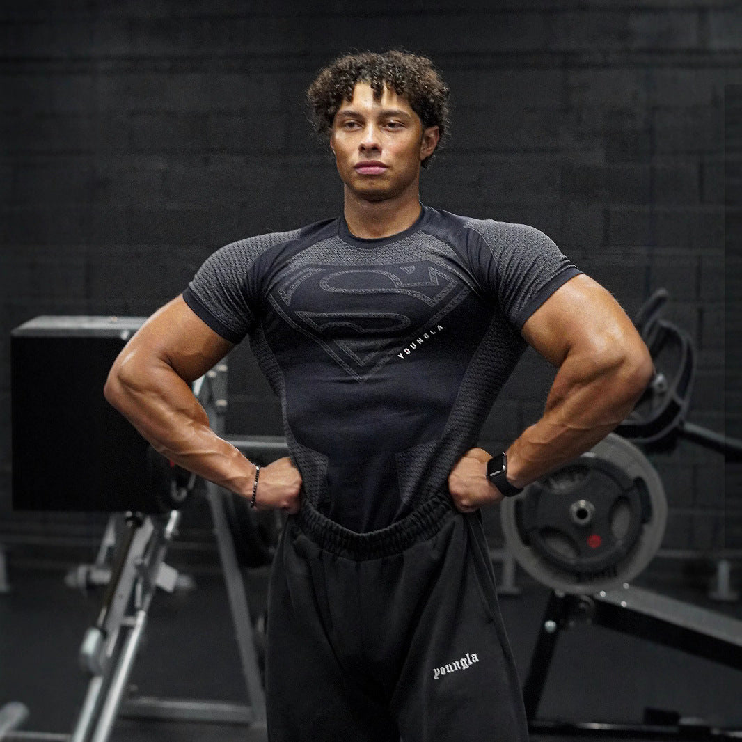 YOUNGLA New American-style Muscle Fitness Men's Sports Short Sleeve Casual Running Quick-dry Breathable Tight-fitting Shirt t T-shirt
