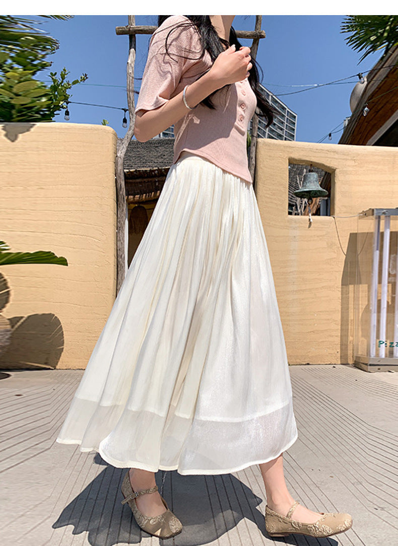 High-end Flowing Sheer Skirt for Women in Summer2025New Style Glassy Sheer Large Hem Mid-Length Draped a Women's pleated skirt