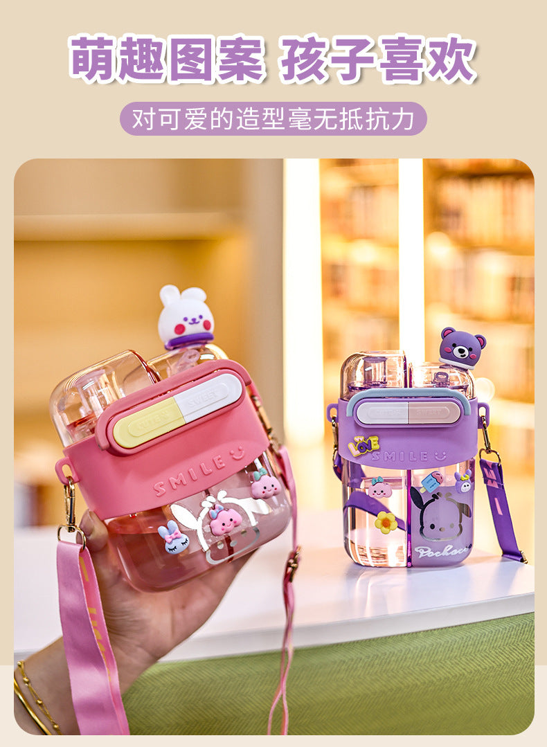 2025Cartoon Children's Special Straw Cup Large Capacity Water Cup High Temperature Resistant Double Cup Diagonal Water Bottle Anti-fall Cup