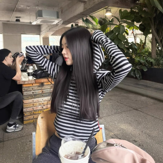 Pre-Sale】2025New Autumn Korean Dongdaemun Tian Xiwei Same Style Striped Hooded Sweatshirt TS16771