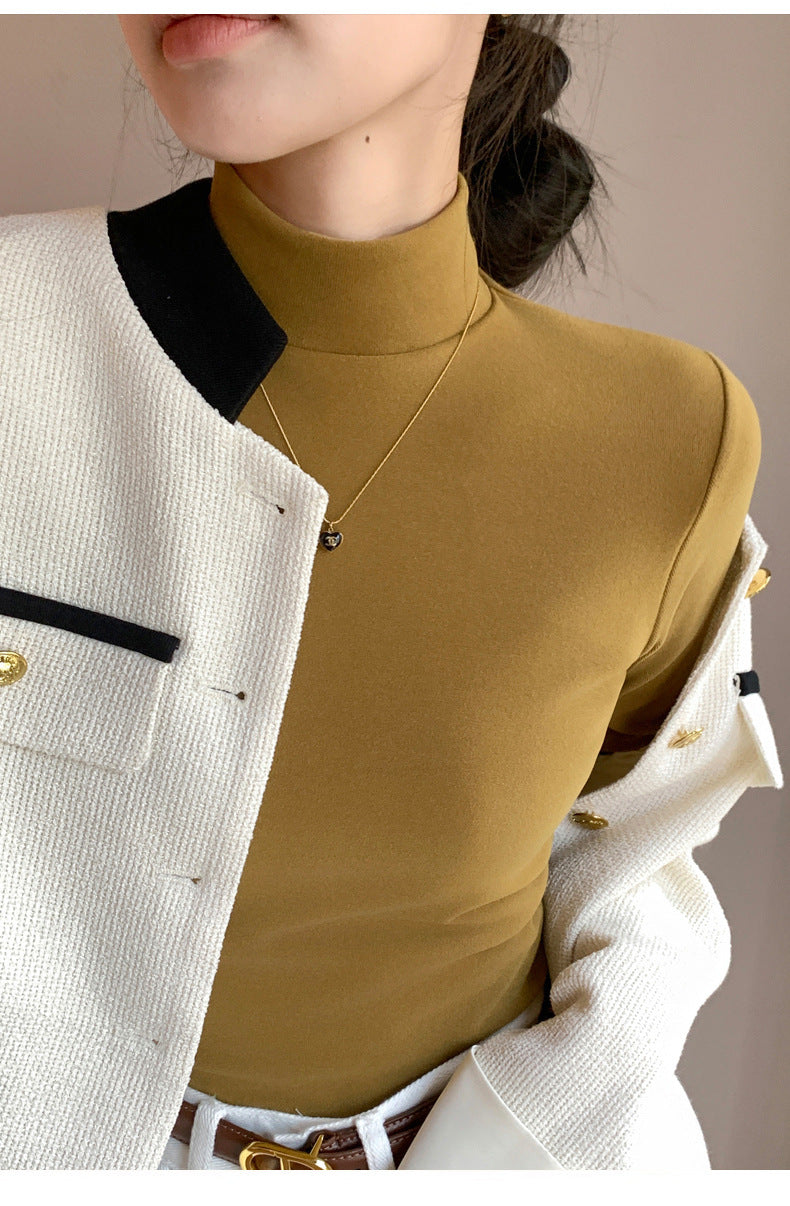 Half Turtleneck Double-Sided Thermal Base Shirt for Women, Spring and Autumn Style, Stylish Inner Wear, Solid Color, Fleece-Lined, Thickened, Warm Long-Sleeve Top