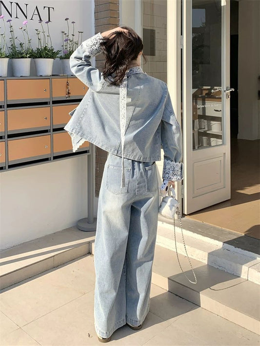 Lace patchwork denim wide-leg pants set for women spring and autumn2025The new two-piece set is absolutely stunning and super trendy