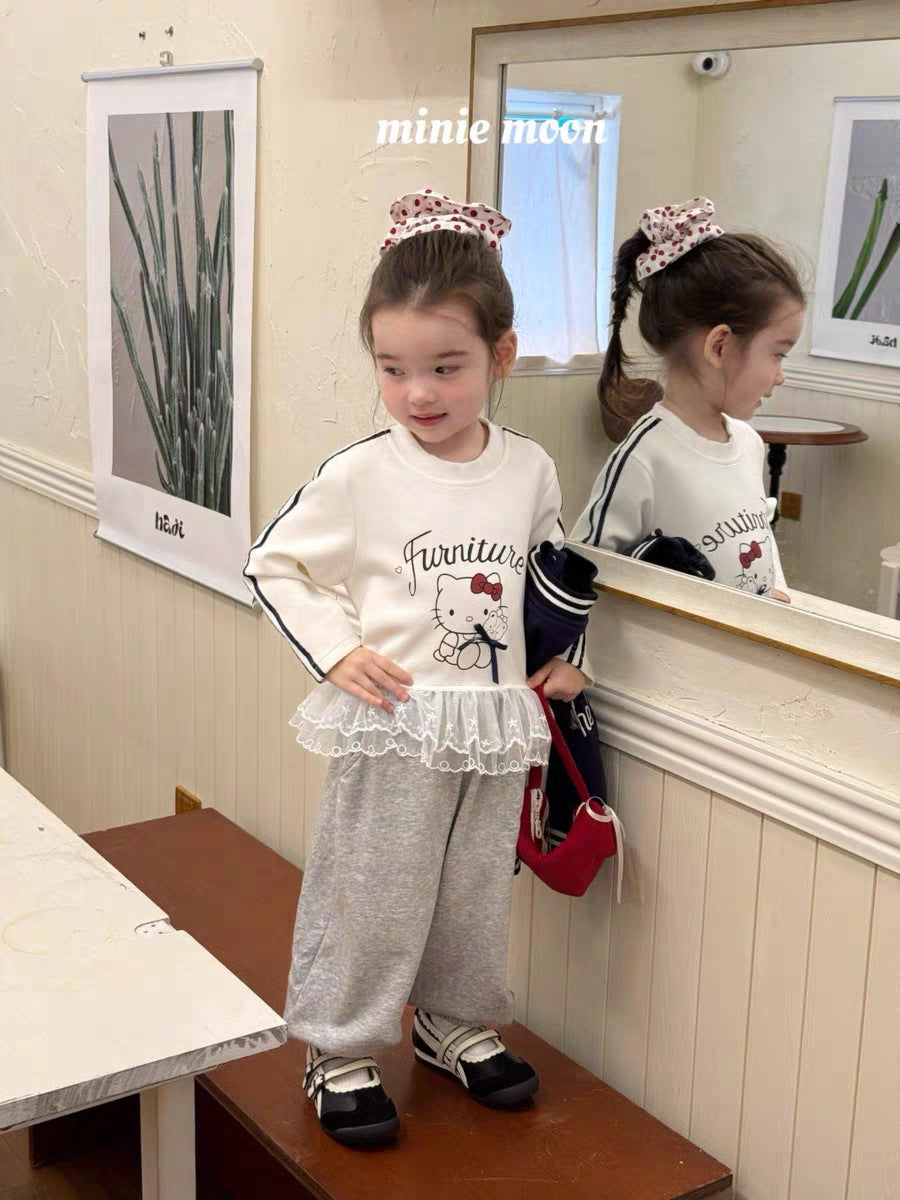 Sweet Little Chef Children's Clothing2025Autumn New Cute Girls' Toddler Outfit KT Cat Color Block Baseball Jacket Cartoon Sweatshirt Trendy