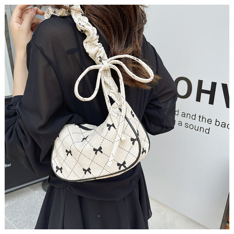 Sweet Bow Plaid Single Shoulder Underarm Crescent Bag2024Autumn new simple casual large capacity handbag