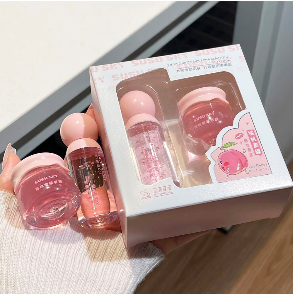 SUSU SKY Peach Honey Pot Lip Makeup Set Moisturizing Hydrating Autumn Winter Anti-Chap Exfoliating Nourishing Repair