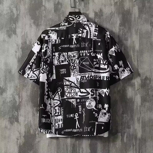 Japanese Retro Print Short Sleeve Shirt Men Letter Shirt Loose Casual Versatile Thin Short Sleeve Shirt