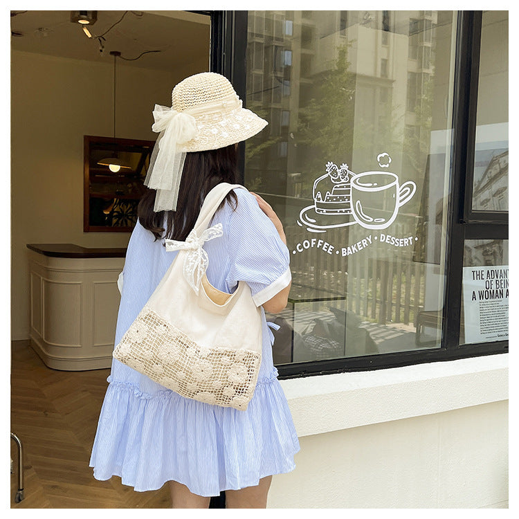 Design Summer Vacation Style Large Capacity Beach Bag Niche Lace Canvas Underarm Bag Women's Floral Single Shoulder Tote Bag