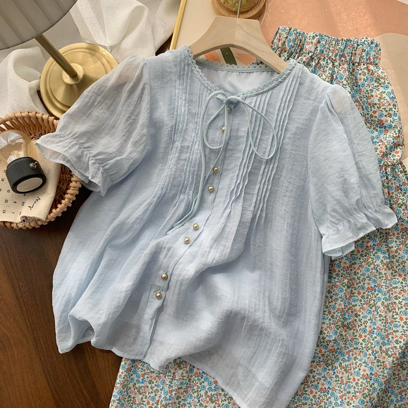 Real Shot◆Private Server Edition！French Style Round Neck Breathable Comfortable Light Pink Lace-Up Loose Shirt Chiffon Blouse