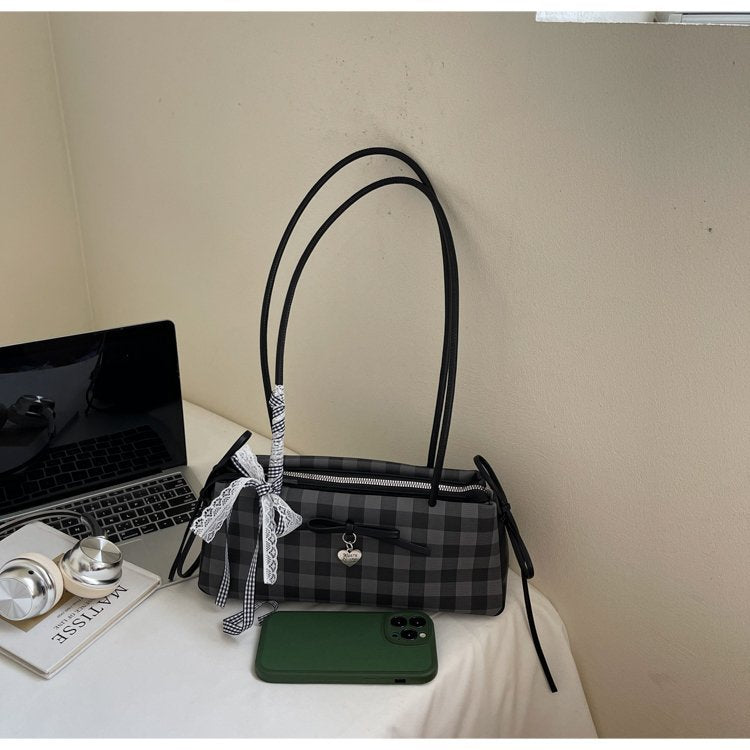 Dopamine Plaid Handbag Small Tote Bag for Women Summer2025New Ballet Style Bow Baguette Bag Underarm Bag Trendy