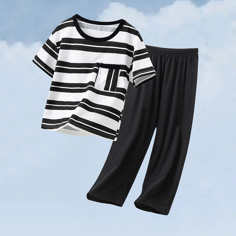 Parent-Child Cotton Homewear Summer Style Children's Short Sleeve Long Pants Set Cartoon Air Conditioning Clothing Sweat-Absorbing Printed Pajamas Couple Outfit