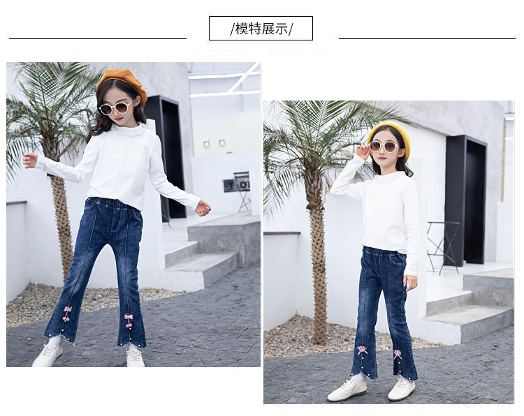 Children's Clothing Wholesale Girls' Jeans Spring and Autumn New Style Medium and Large Children's Slim Pants Baby Casual Girls' Flared Long Pants