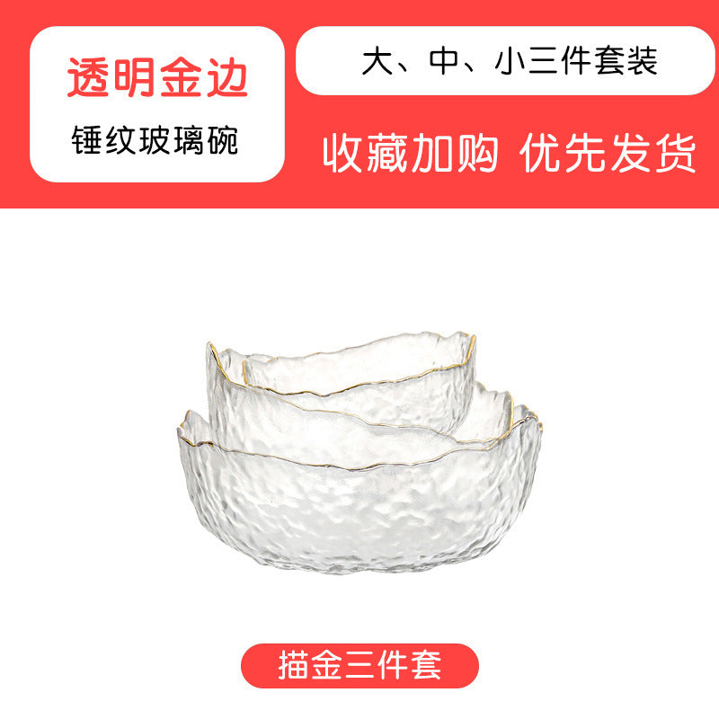 Japanese Style Glass Bowl Gold Rim Salad Bowl Transparent Fruit Plate Dessert Bowl Instant Noodle Bowl Rice Bowl Tableware Household Snack Bowl