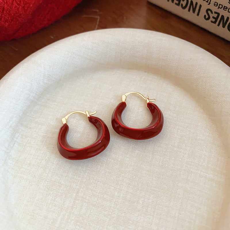 Silver Needle Ancora Red Oil Drop Geometric Earrings Niche Versatile Retro Elegant Studs High-end Fashion Earrings for Women