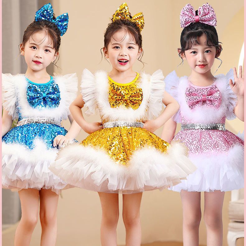 Children's Performance Costume Puffy Skirt for Girls New Sequin Tulle Skirt Kindergarten Dance Princess Dress Performance Costume for Girls