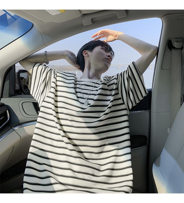 American striped short sleeve t Men's Summer Trendy Neck Loose Cotton
