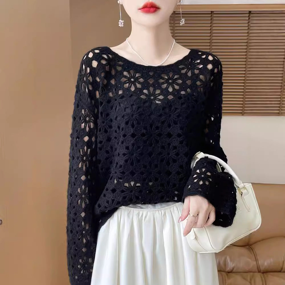Early Autumn Crochet Hollow Solid Color V Lazy Style Soft Wool Knitted Pullover Top Slimming