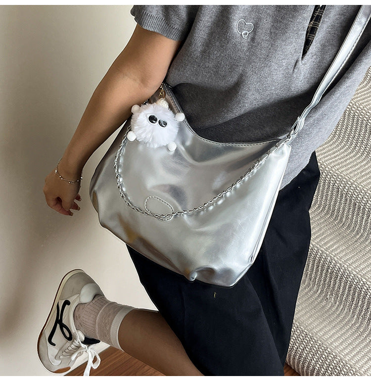 Summer Fashion Simple Casual Soft Surface Fresh Glossy Solid Color Large Capacity Commuter Shoulder Crossbody Bag2025New