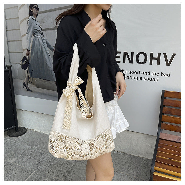 Design Summer Vacation Style Large Capacity Beach Bag Niche Lace Canvas Underarm Bag Women's Floral Single Shoulder Tote Bag