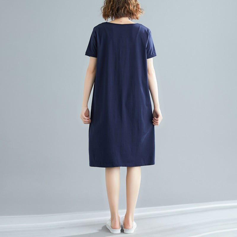 Plus Size Women's Summer Loose Korean Style Mid-Length Dress T Shirt and Skirt for Plus Size mm Solid Color V Collared Slimming Short Sleeve Dress