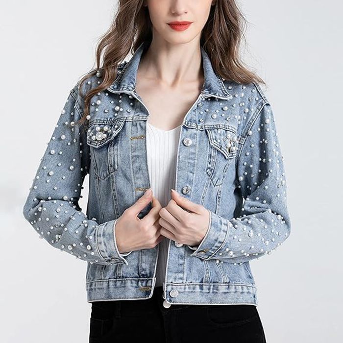 Cross-Border Amazon ebay European and American Style Pearl Denim Jacket Short Rhinestone Denim Jacket Coat Top