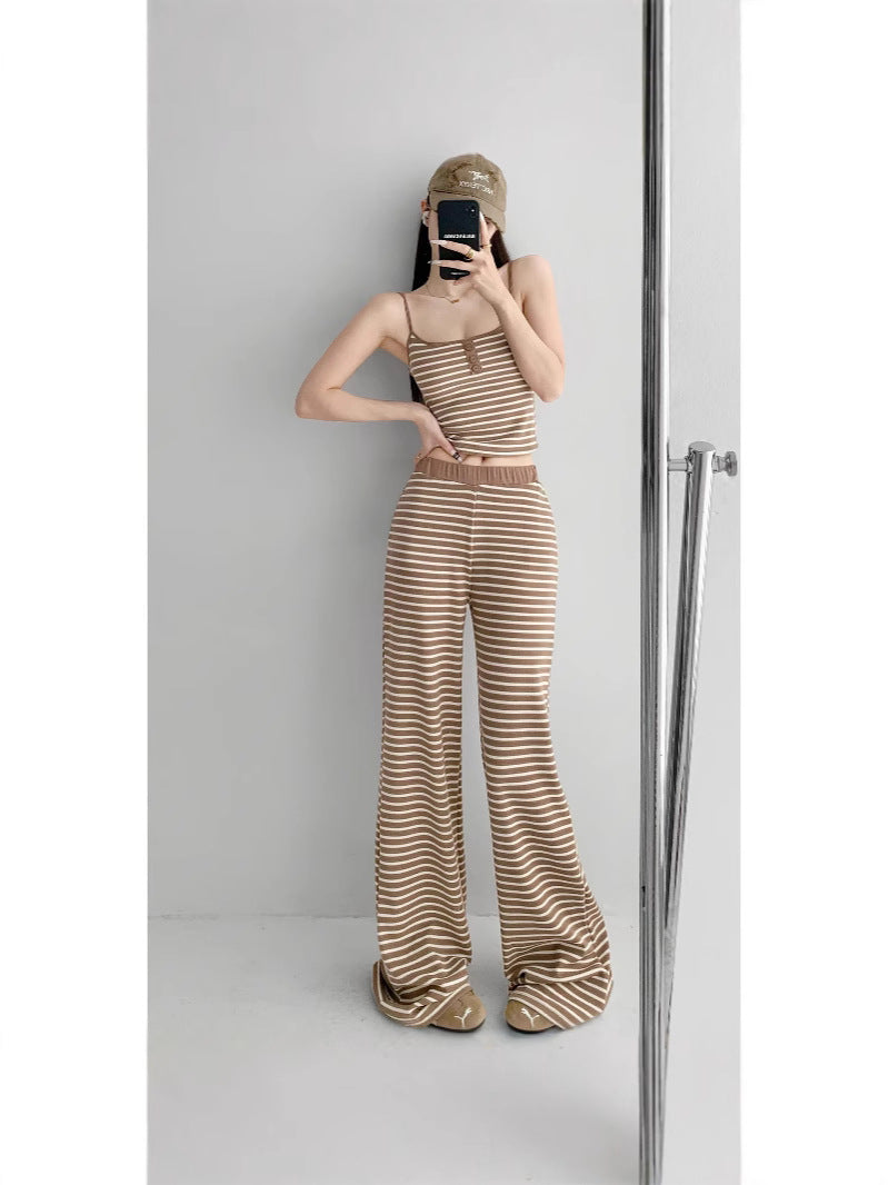 Home Lazy Relaxed Striped Slimming Wide-Leg Pants for Women Summer Hot Girl Fashion Camisole Vest Casual Two-Piece Set